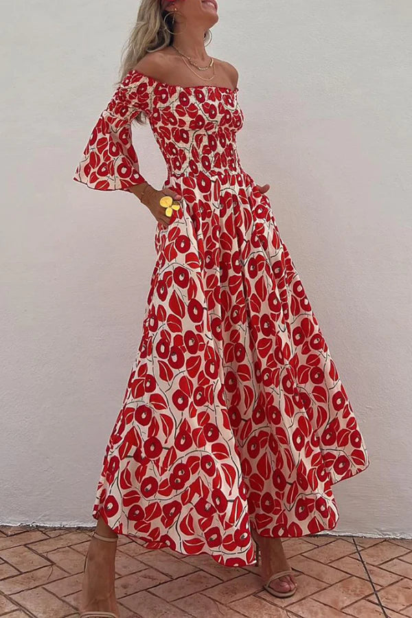 LM | Close To The Vacation Floral Print Smocked Off Shoulder Pocketed Maxi Dress