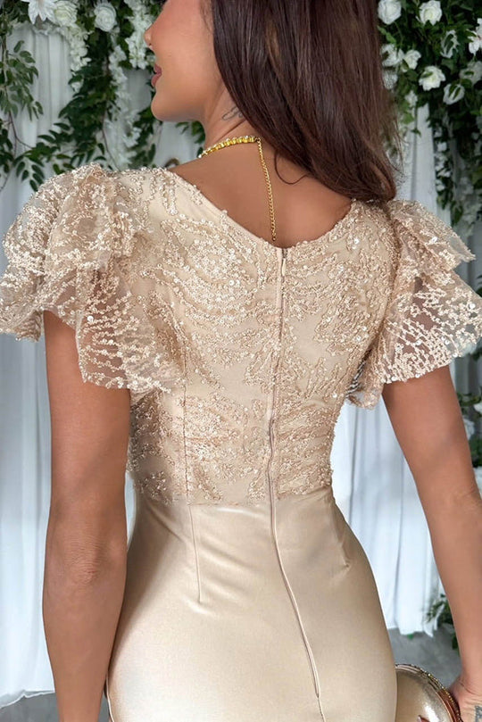 LM | Dreamy luxury lace and satin patchwork ruffle sleeves ruffled midi dress