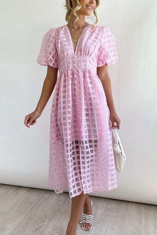 LM | Remarkable Beauty Square Patterned Fabric Puff Sleeve Party Midi Dress