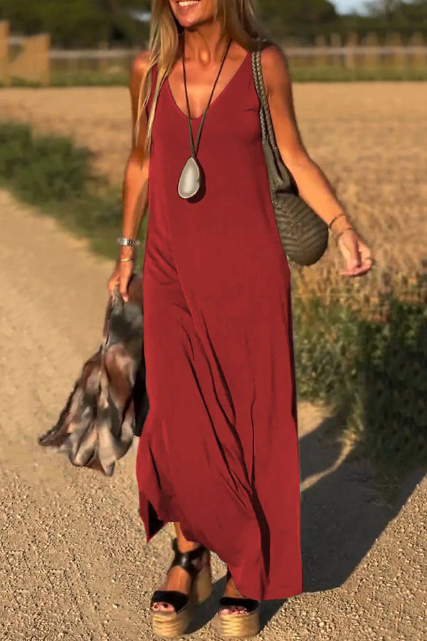 LM | Solid Color V-Neck Sleeveless Casual Loose Maxi Dress