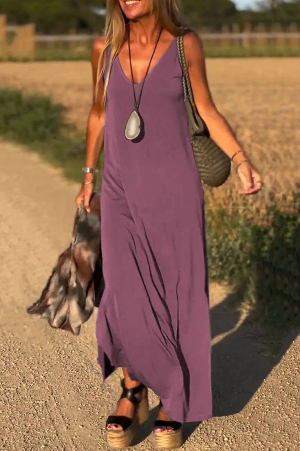 LM | Solid Color V-Neck Sleeveless Casual Loose Maxi Dress