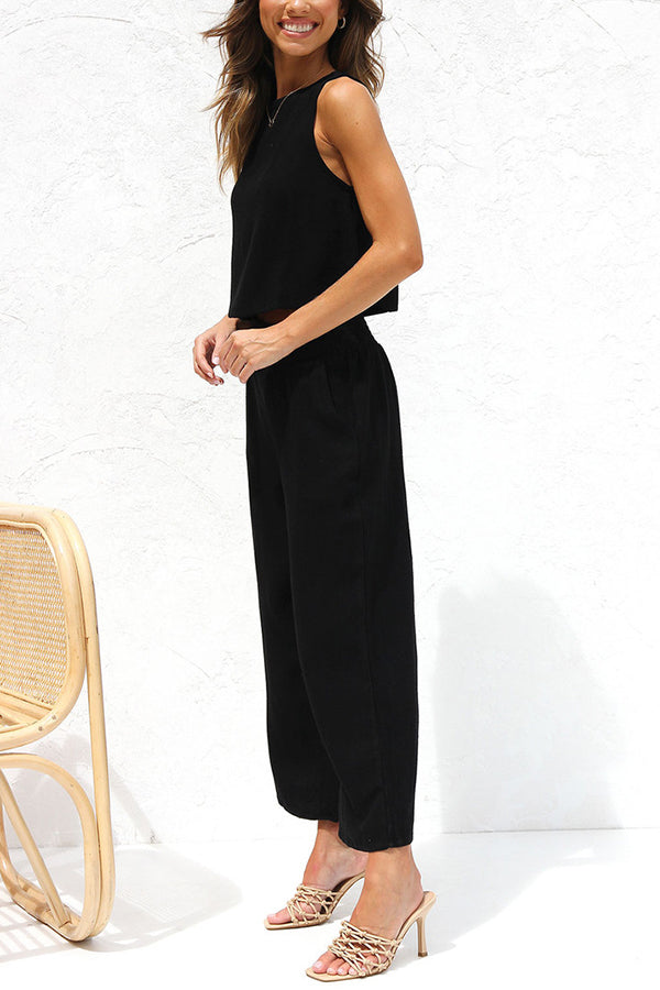 LM | Khiara Basic Button Crop Top and Pocketed Pants Set