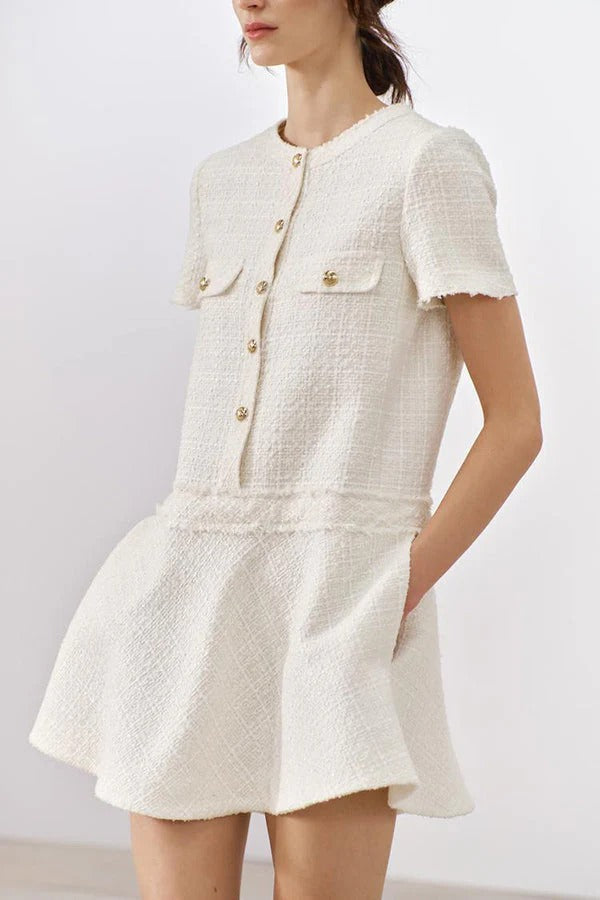 LM | 1960s London Girl tweed textured gold button short sleeve pocketed mini dress