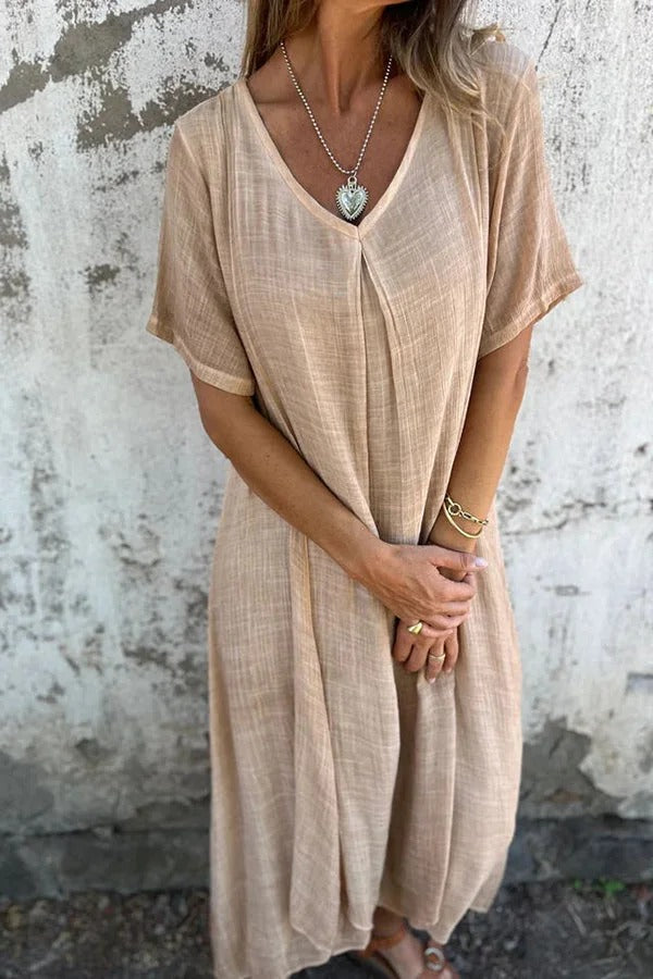LM | Bayside Bliss linen blend short sleeve pleated loose midi dress