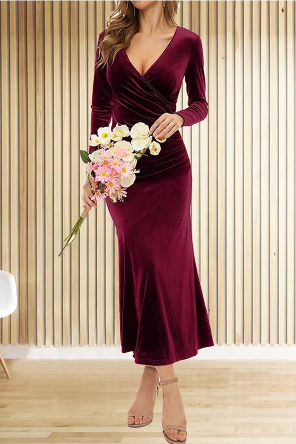 LM | Solid Velvet Long Sleeve V-Neck Slim Fit Fishtail Maxi Dress
