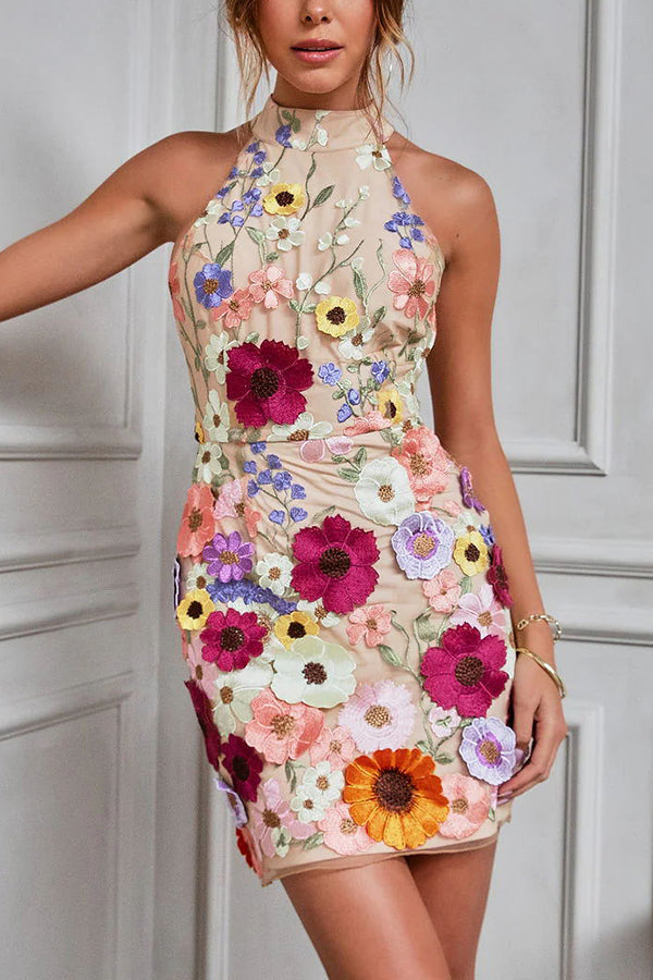 LM | Wish Upon A Dream Floral Applique Halter Mini Dress