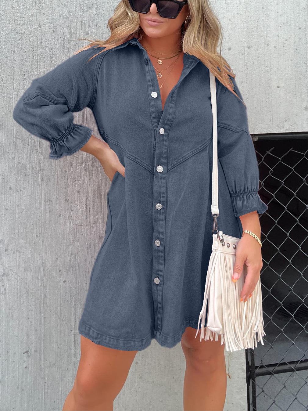 LM | Chic turn-down collar denim midi dress
