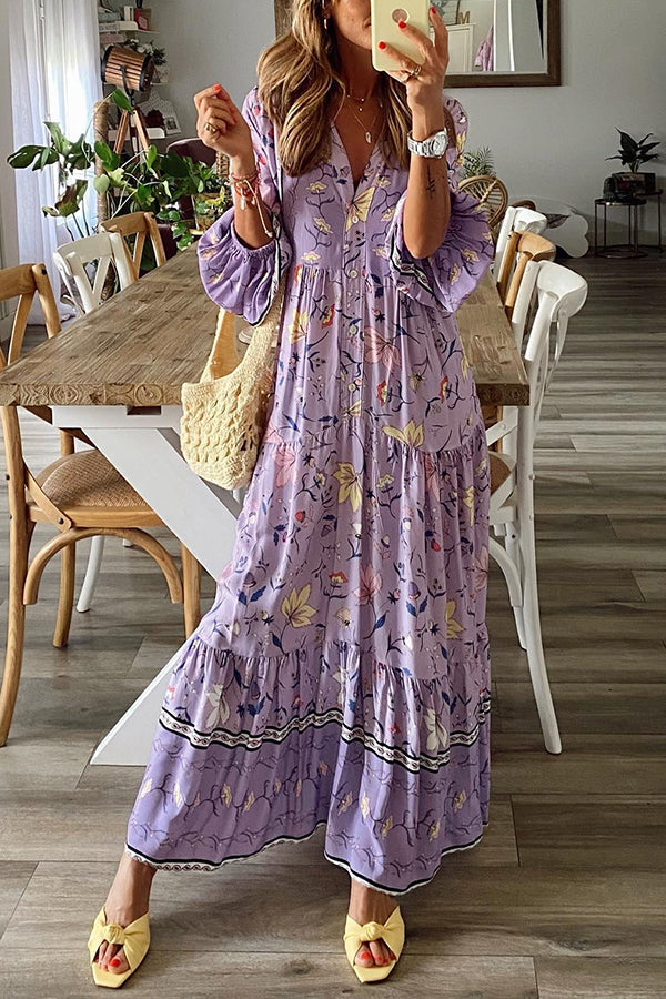 LM | Lavender Flavor Printed Long Sleeve Button A-Line Maxi Dress
