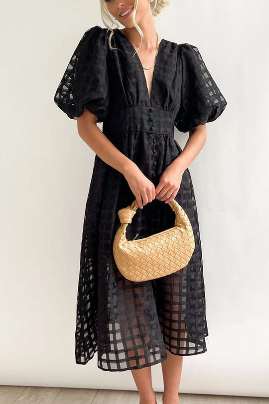 LM | Remarkable Beauty Square Patterned Fabric Puff Sleeve Party Midi Dress