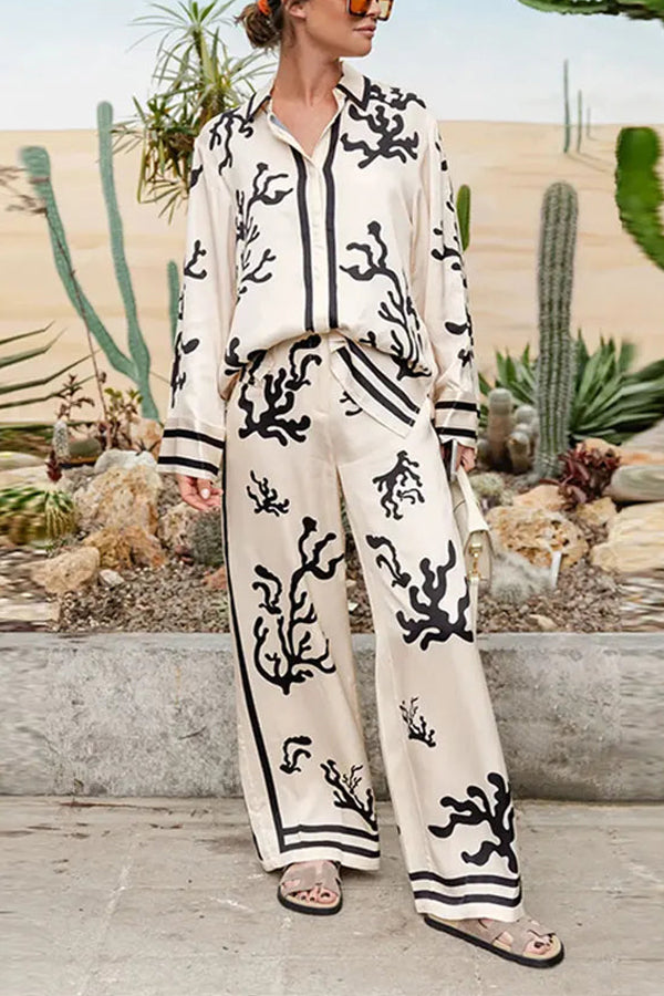 LM | LIGHT AND COMFORTABLE SATIN UNIQUE PRINT ELASTIC WAIST POCKET WIDE LEG PANTS