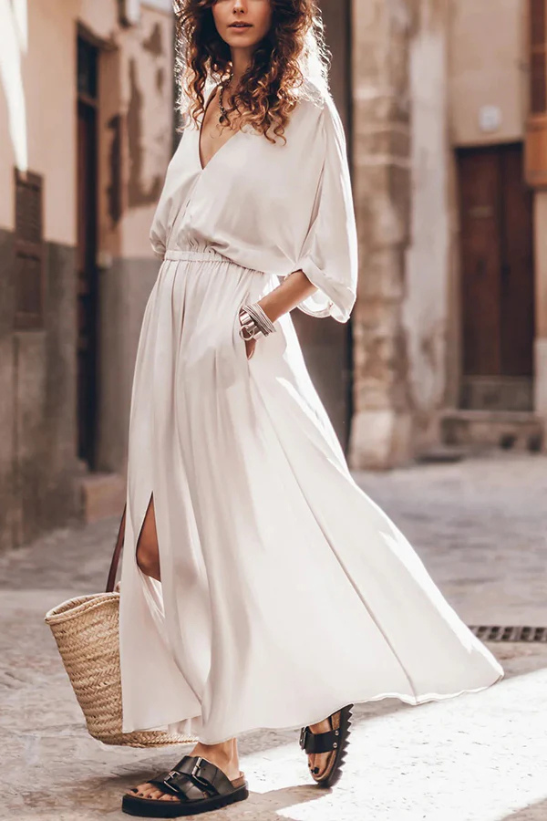 LM | Soft and Elegant Kimono Sleeve Stretchy Waist Pocketed Slit Maxi Dress