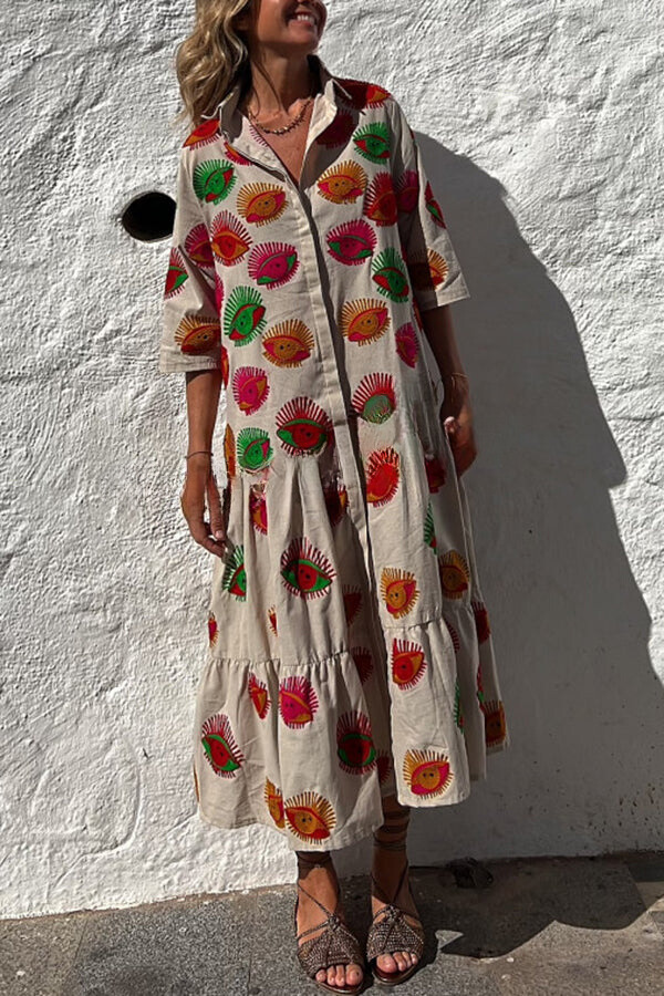 LM | Take Me To Cabo Ethnic Unique Print Button Loose Shirt Midi Dress