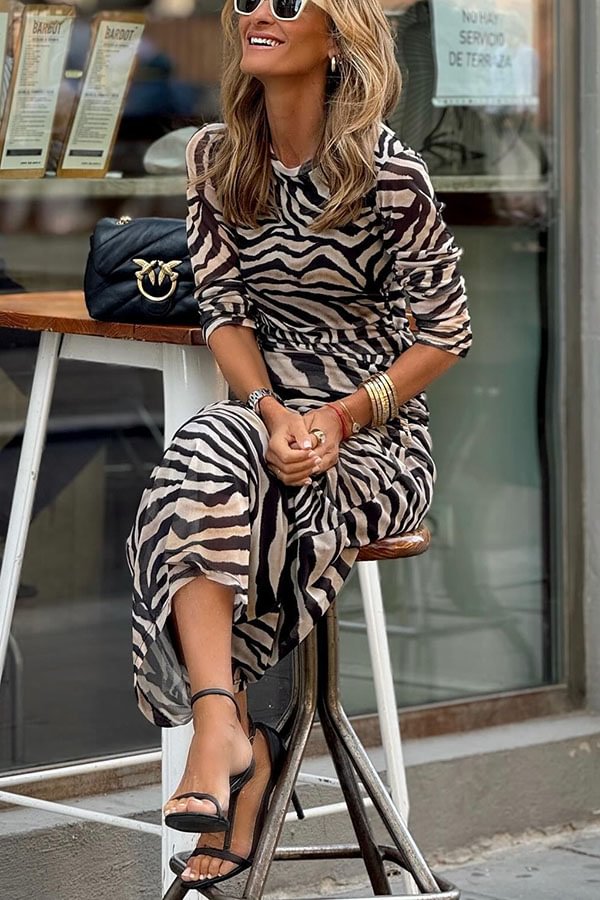 LM | Natural Beauty Mesh Zebra Print Ruffled Stretch Maxi Dress
