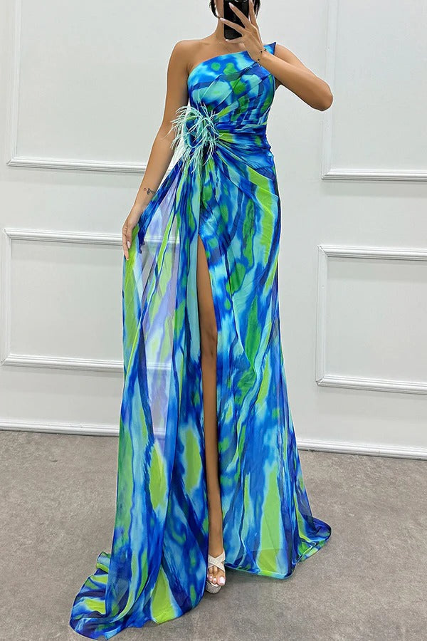 LM | Amazing Views Watercolor Print Feather Rose Detail Off Shoulder Pleated Slit Maxi Dress