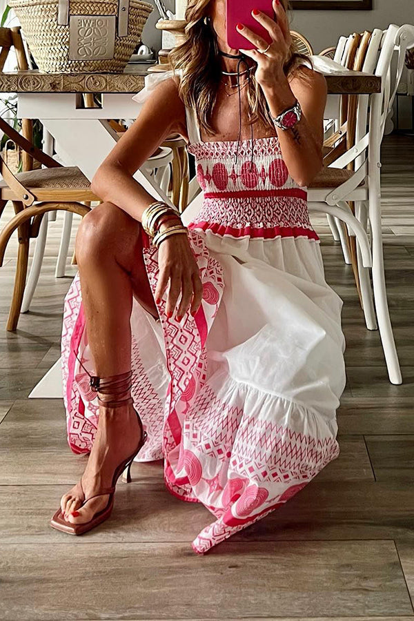 LM | Malibu Villa Ethnic printed maxi dress with smocked shoulders