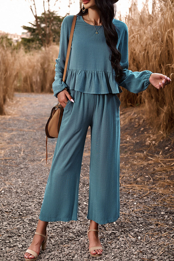 LM | Temperament leisure suit monochrome long-sleeved top loose pants