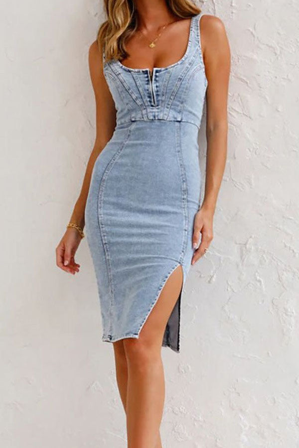 LM | This Seasons Staple Denim Adjustable Straps Zip-up Firm Stretch Midi Dress
