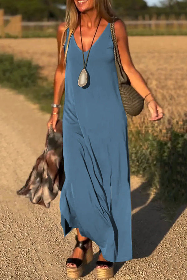 LM | Solid Color V-Neck Sleeveless Casual Loose Maxi Dress