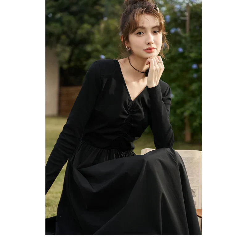 LM | Elegant Black Knitted Smocked V-Neck A-Line Midi Dress