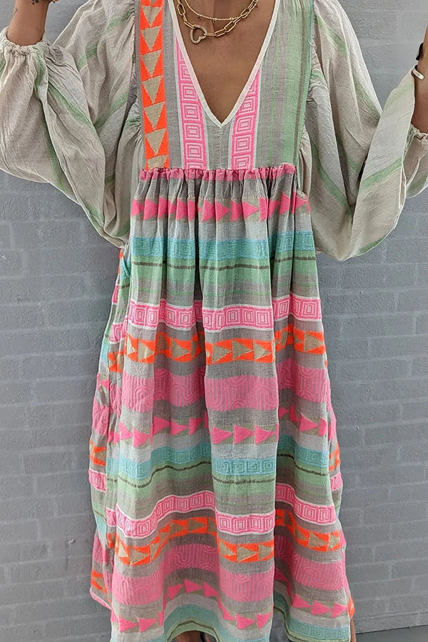 LM | Whisked Away Geometric Color Block Printed A-Line Midi Dress
