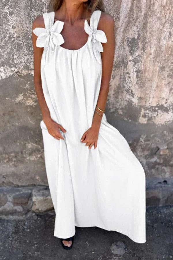 LM | Solid Floral Embellished Sleeveless Loose Maxi Dress