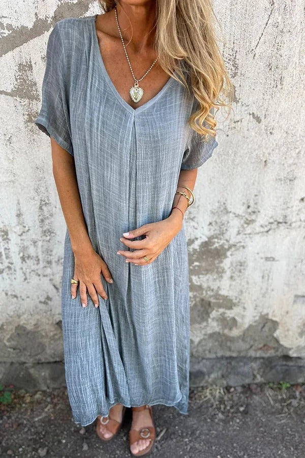 LM | Bayside Bliss linen blend short sleeve pleated loose midi dress