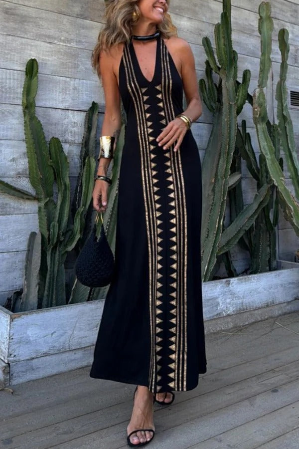 LM | Meret Gold Geometric Print Backless Stretch Maxi Dress with Halter