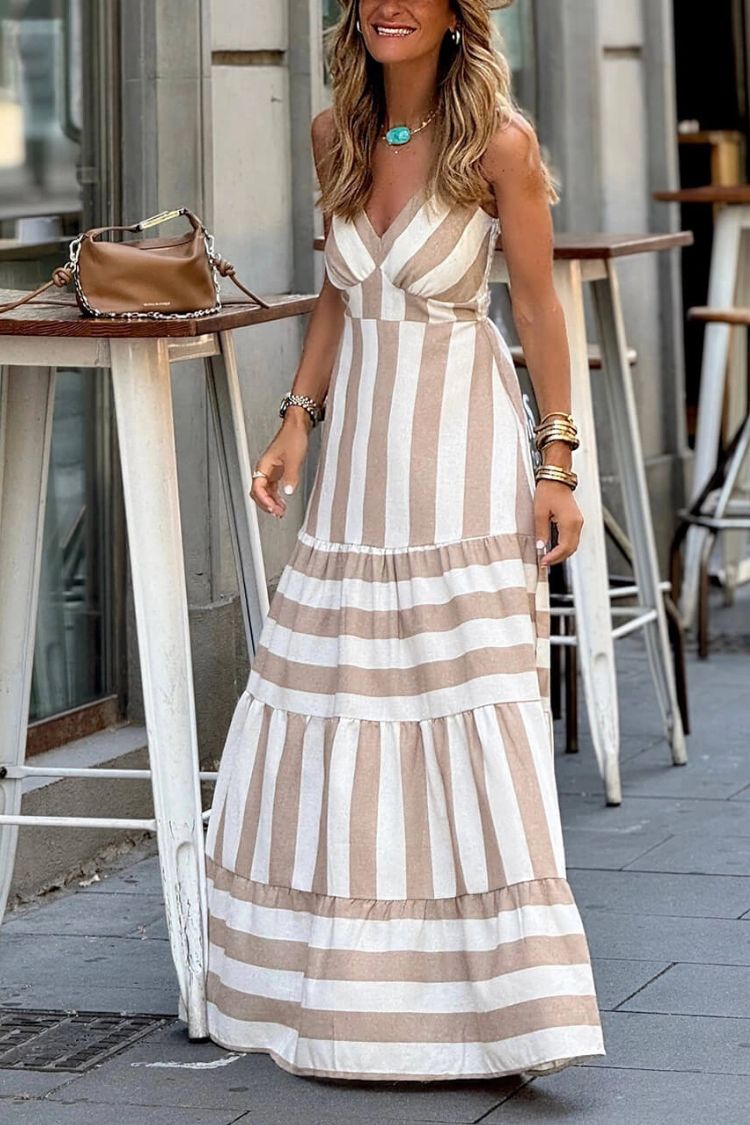 LM | summer stripe print patchwork ruffled backless maxi dress