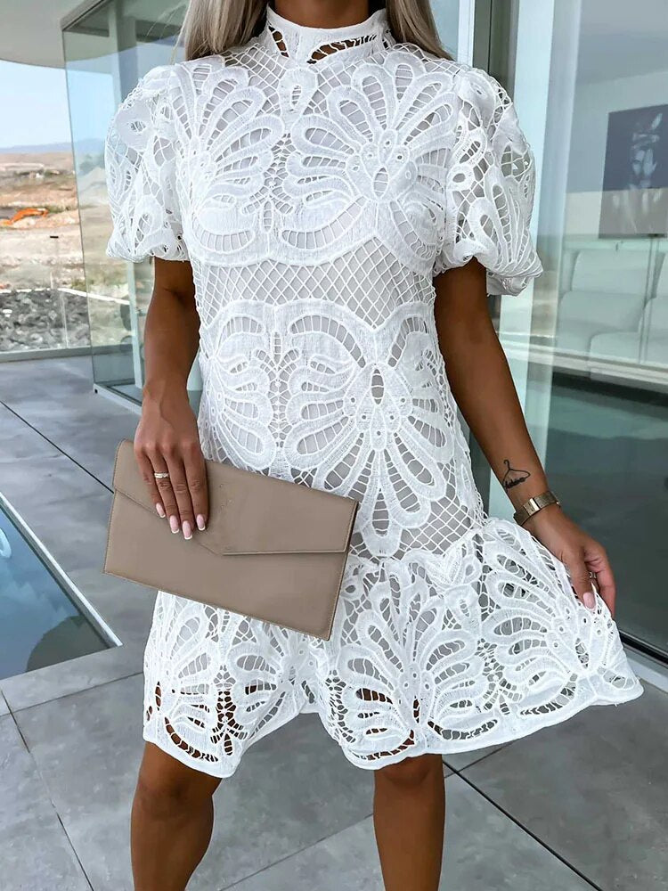 LM | elegant midi dress for women with puff sleeves