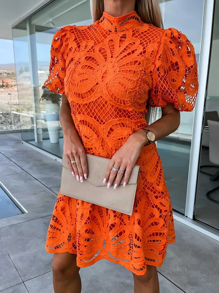 LM | elegant midi dress for women with puff sleeves
