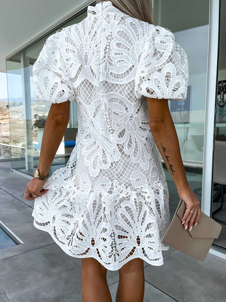 LM | elegant midi dress for women with puff sleeves