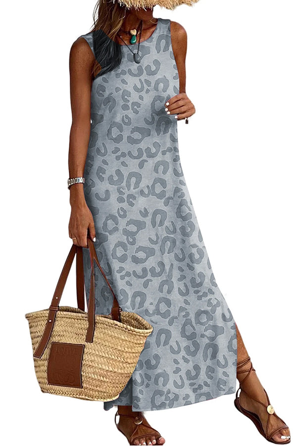 LM | Gray Casual Leopard Print Side Slits Tank Maxi Dress