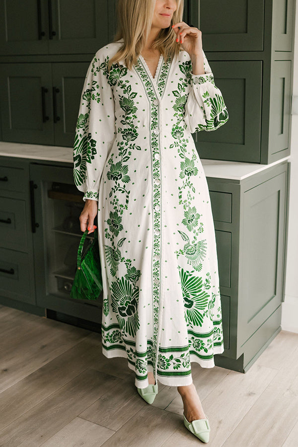 LM | Unique print button down long sleeve shirt maxi dress