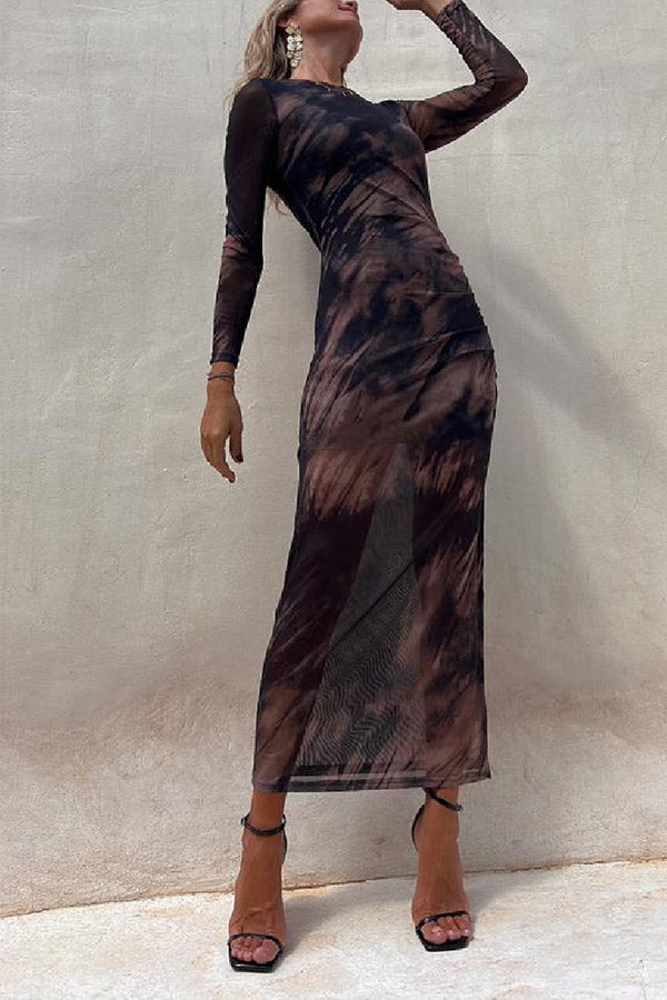 LM | Charm Lady Mesh Overlay Tie Dye Print Long Sleeve Ruffled Stretch Midi Dress