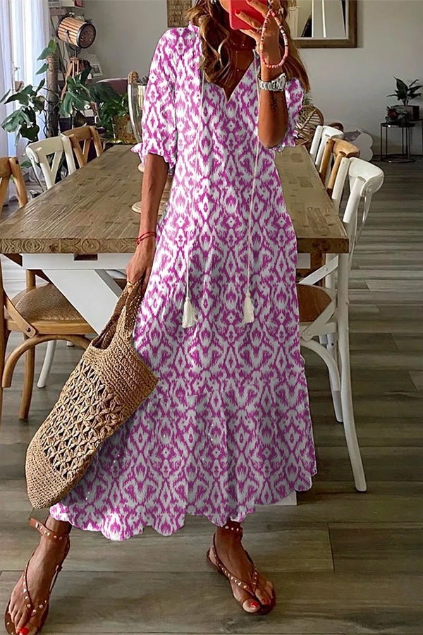 LM | Geometric print Casual V-neck maxi dress