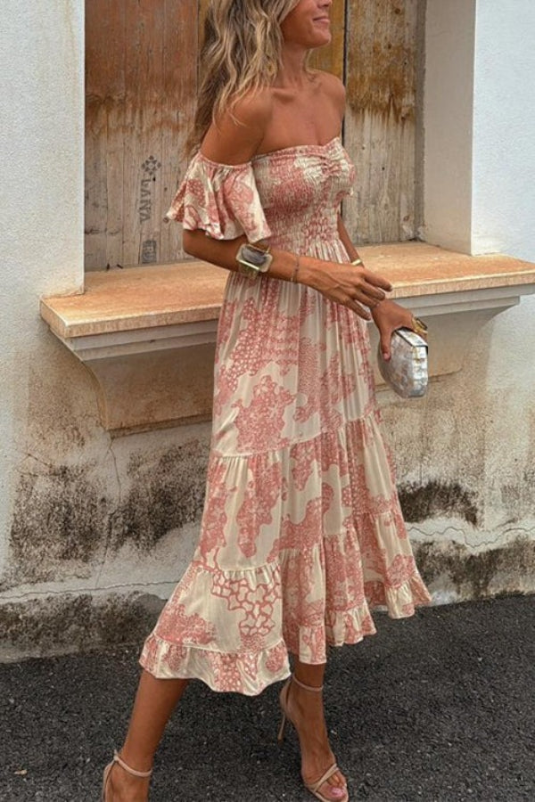LM | Pitaya Unique Print Off Shoulder Smocked Ruffle Sleeve Layered Midi Dress