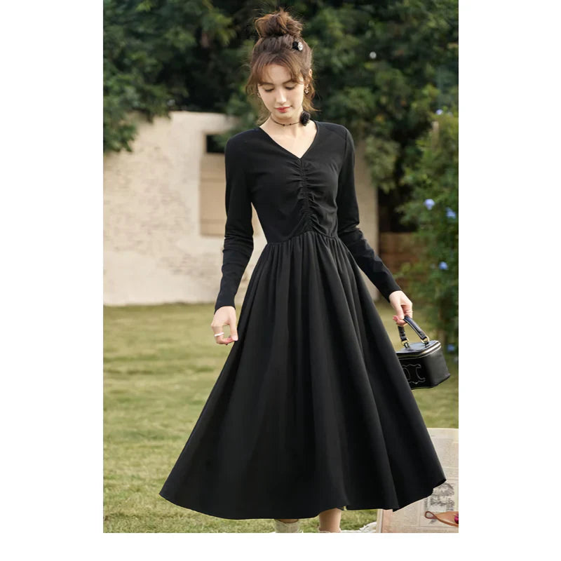 LM | Elegant Black Knitted Smocked V-Neck A-Line Midi Dress