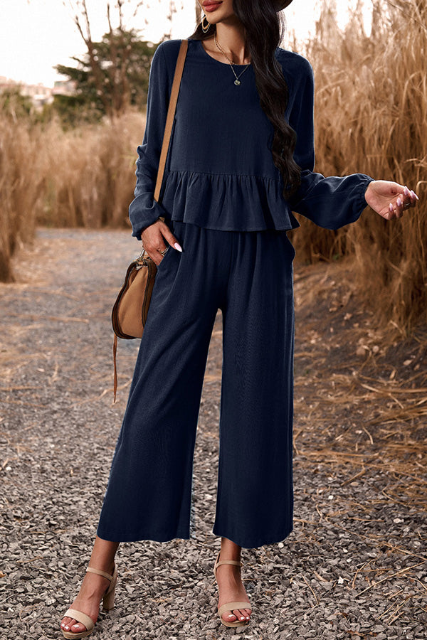 LM | Temperament leisure suit monochrome long-sleeved top loose pants
