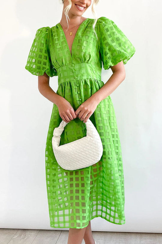 LM | Remarkable Beauty Square Patterned Fabric Puff Sleeve Party Midi Dress