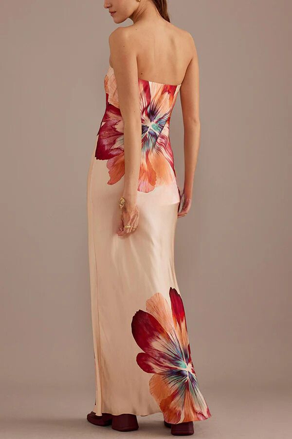 LM | Charming Lady Satin Floral Print Bandeau Loose Maxi Dress