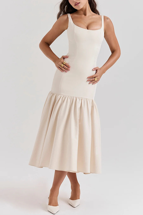 LM | Graceful Silhouette Square Neckline Wide Strap Drop Waist Midi Dress