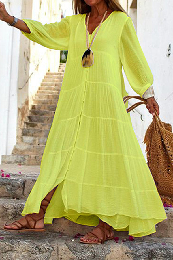 LM | Seraphina cotton-linen blend, tiered maxi dress with button placket