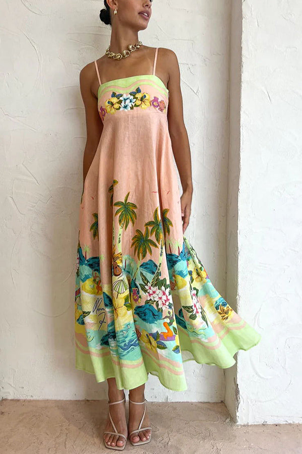 LM | Coconut Scenery Linen Blend Tropical Print Smocked Back Midi Dress