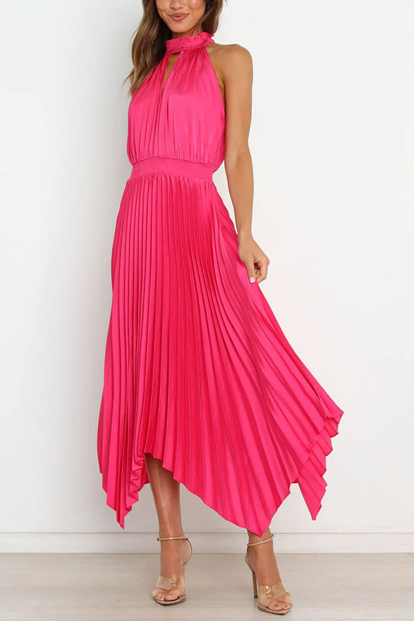 LM | Luxe Look Satin Pleated Halter Elastic Waist Midi Dress