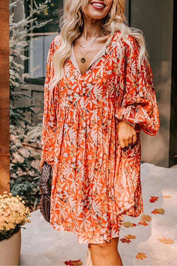 LM | Orange Floral Print Split V-Neck Bubble Sleeve Plus Size Midi Dress