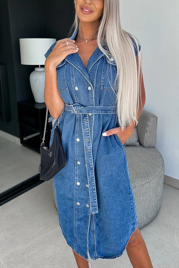 LM | Solid Color Casual Lapel Sleeveless Button Pocket Waist Tie Denim Midi Dress