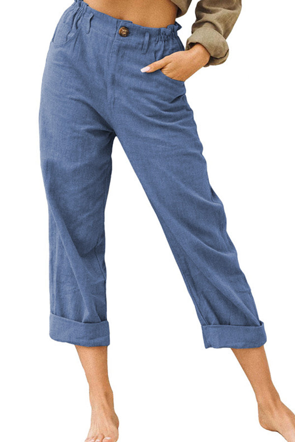 LM | Solid color cotton and linen fashionable loose high waist casual pants