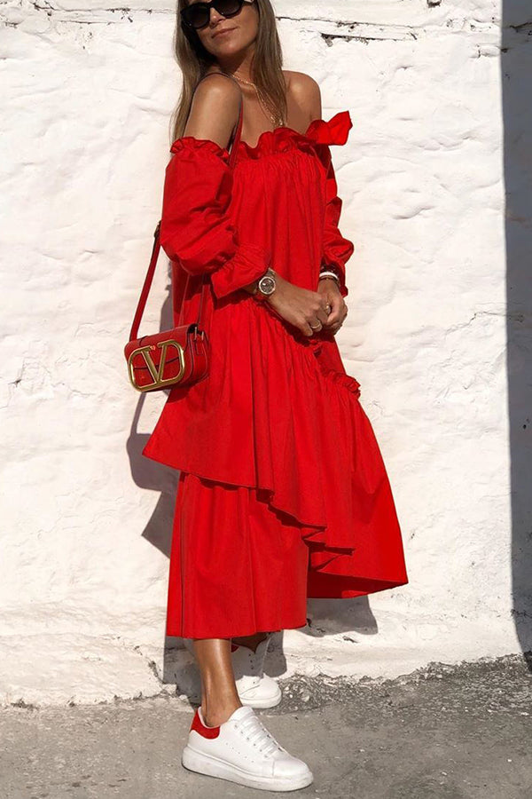 LM | Fionna Off Shoulder Ruffle Irregular Trim Loose Midi Dress