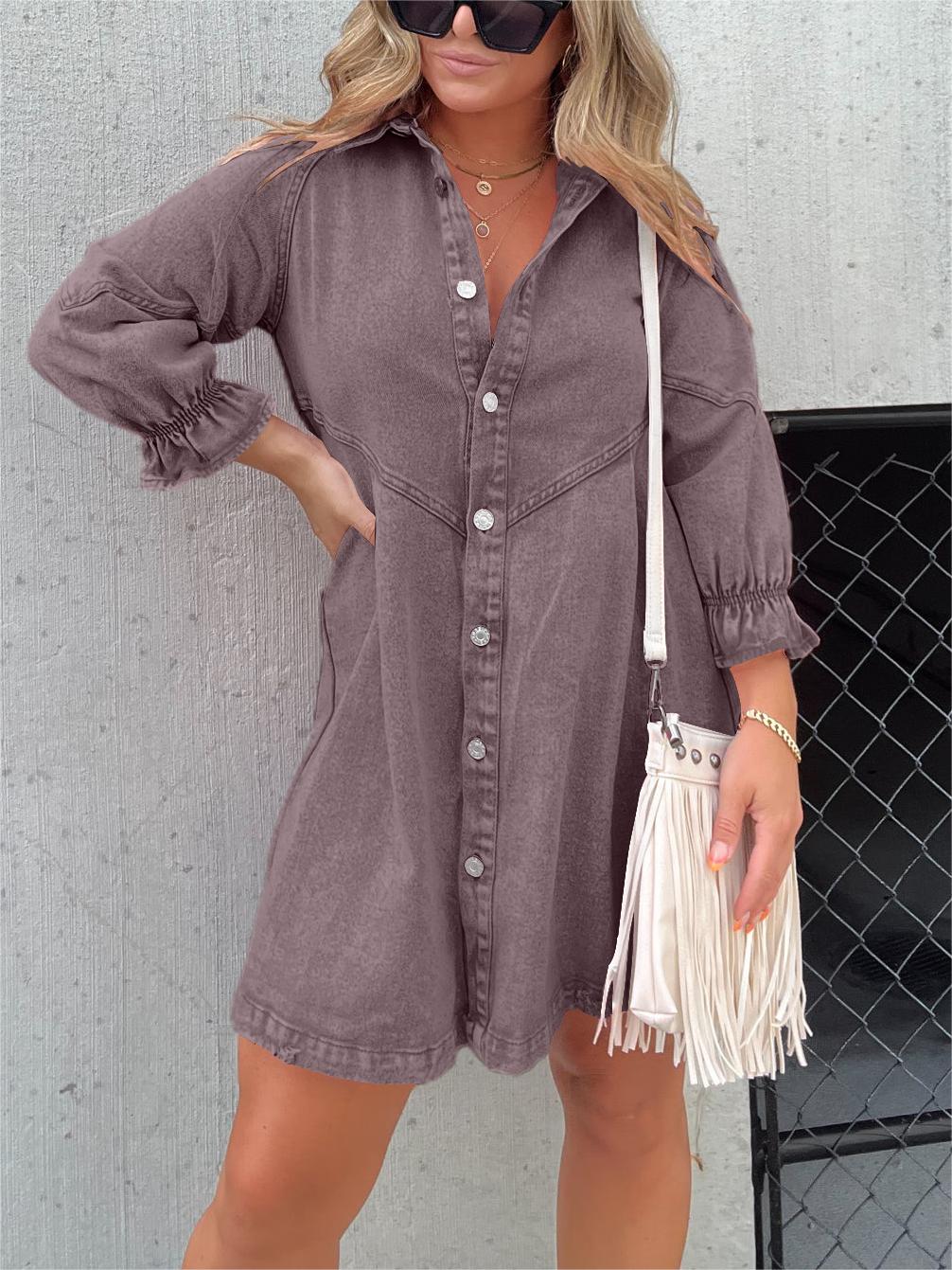 LM | Chic turn-down collar denim midi dress