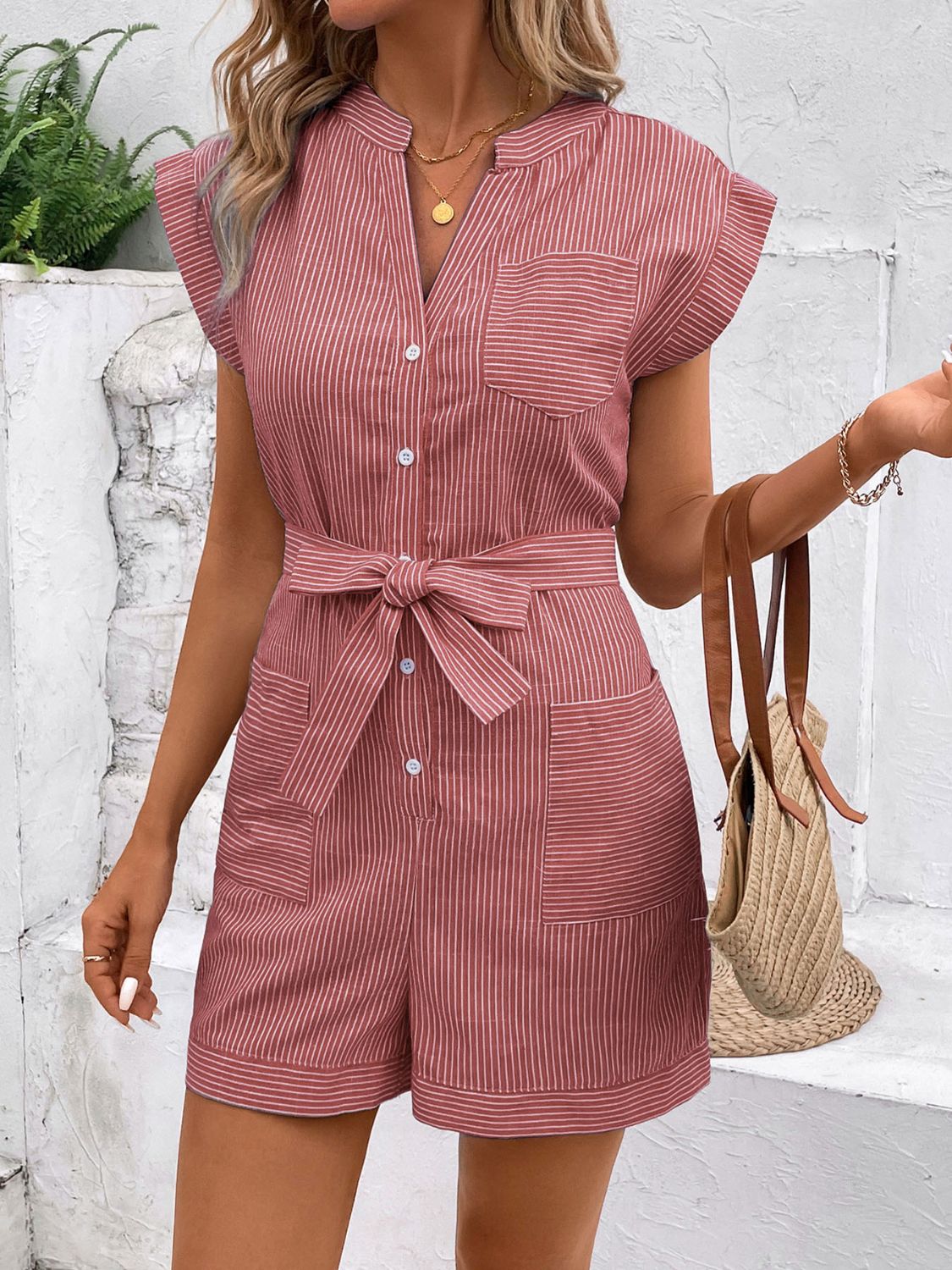 LM | Striped, notched romper with tie
